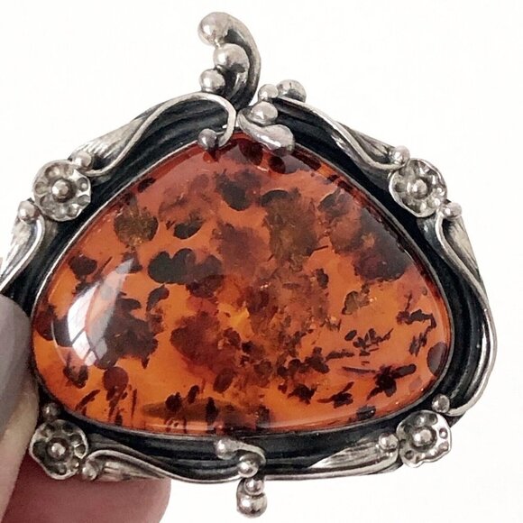 Genuine Baltic Amber & Sterling Silver Pin Brooch Vintage Rare - Picture 1 of 5